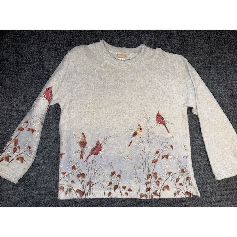 Artisans Cardinal Bird Fleece Sweater Cottagecore Woodland Winter Pullover L